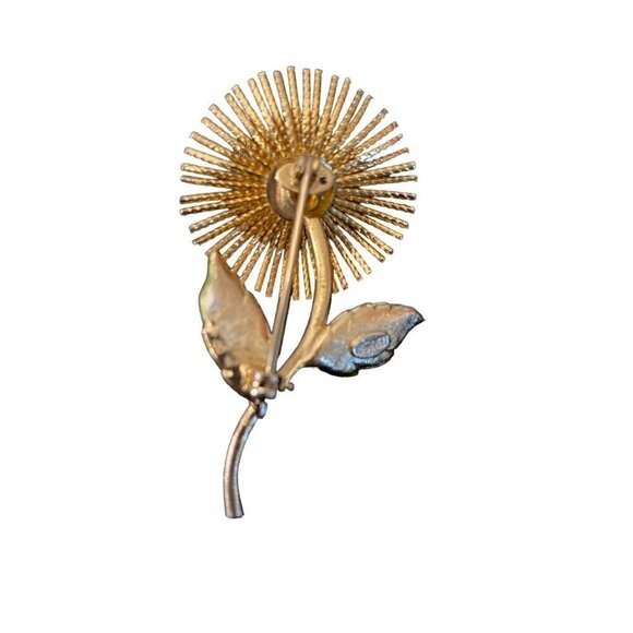 Warner Unique Brooch Metal Spike Petals Enameled Leaves Gold Yellow Center - Picture 6 of 8